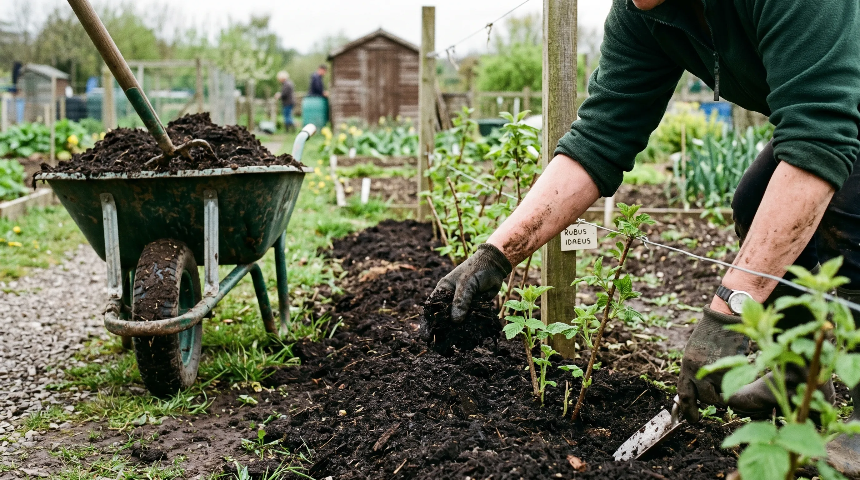 Gardener spreading a thick compost mulch along an autumn raspberry row in spring with a wheelbarrow and fork on an allotment