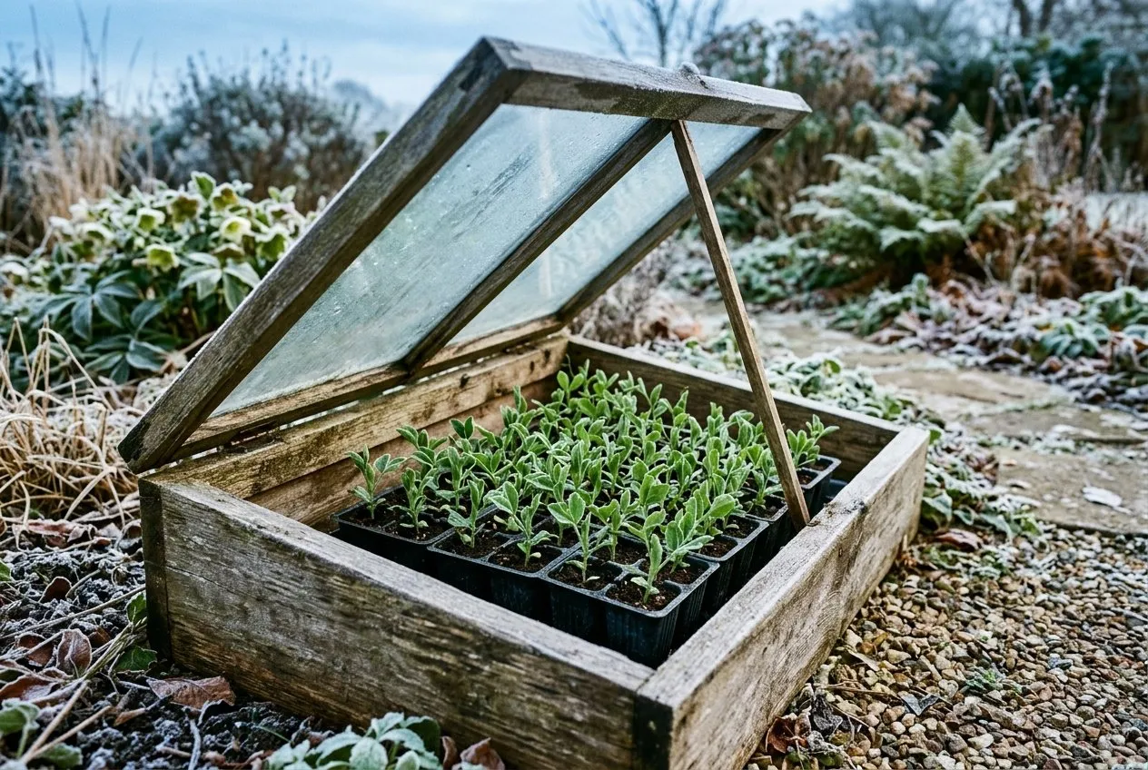 Small sturdy sweet pea seedlings overwintering in an open wooden cold frame on a frosty UK morning, the lid propped open for ventilation