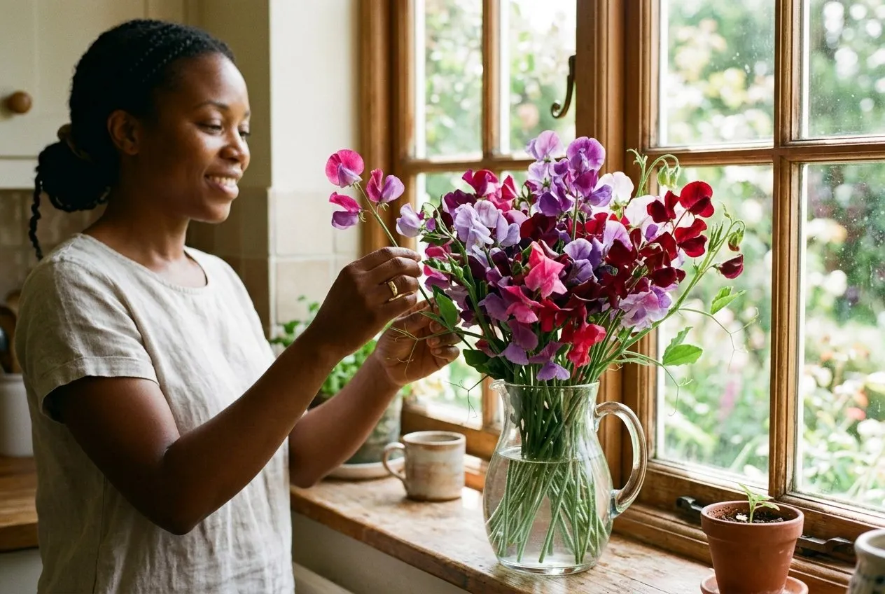 A jug of freshly cut sweet peas in mixed pinks, purples and wine reds on a sunny kitchen windowsill, with a Black woman arranging the stems