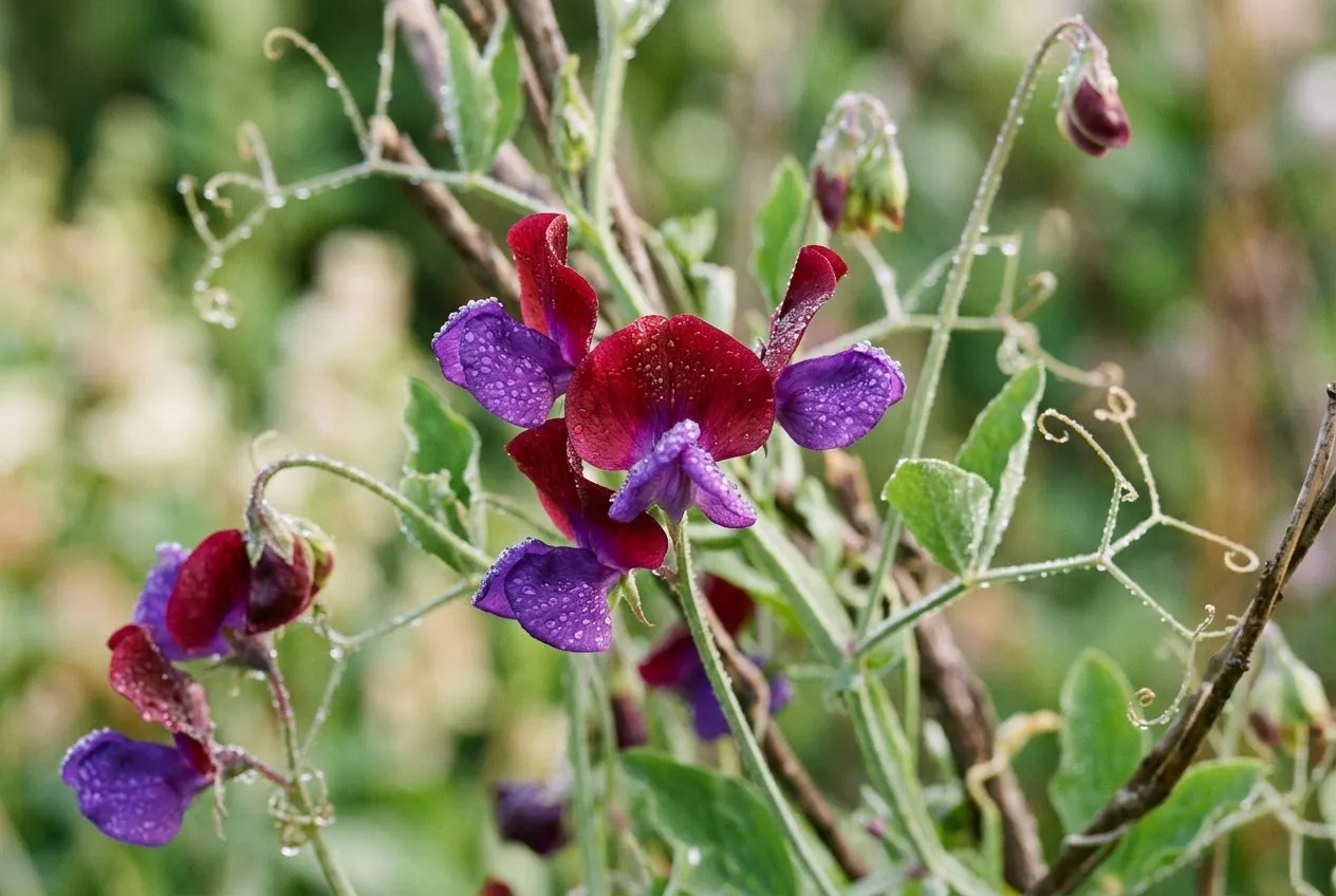 Macro close-up of heritage sweet pea 'Matucana' flowers, each bloom split deep maroon and violet-purple, beaded with morning dew