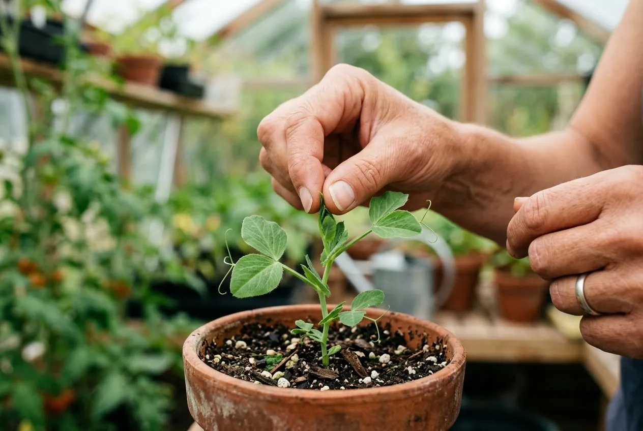 A gardener pinching out the soft growing tip of a young sweet pea seedling with finger and thumb to encourage side shoots