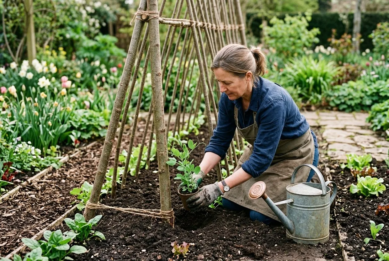 A gardener planting out a hardened-off autumn-sown sweet pea at the base of a tall hazel wigwam in a spring vegetable garden