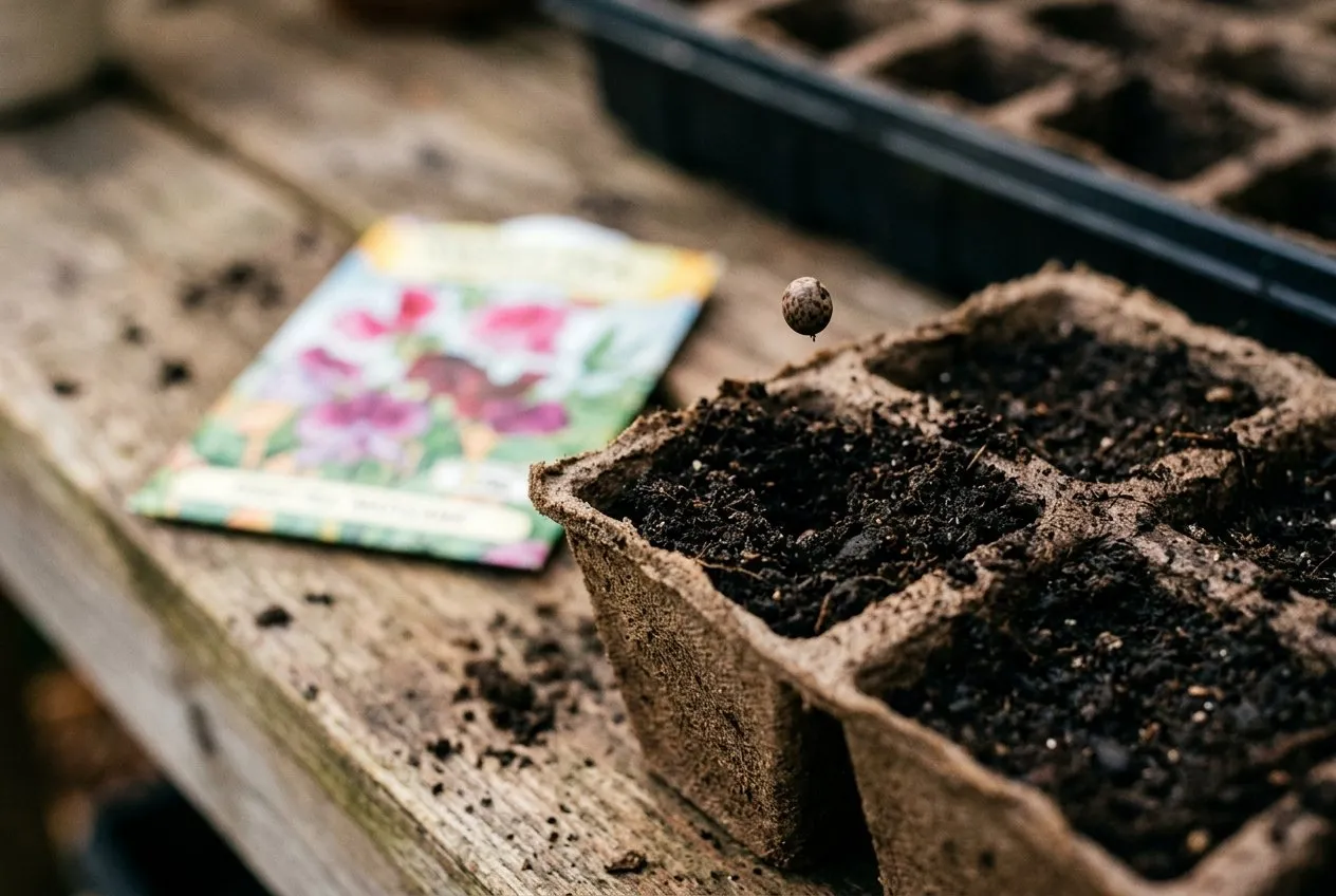 Close-up of a single sweet pea seed being dropped into a deep cardboard root trainer cell filled with compost, on an autumn potting bench