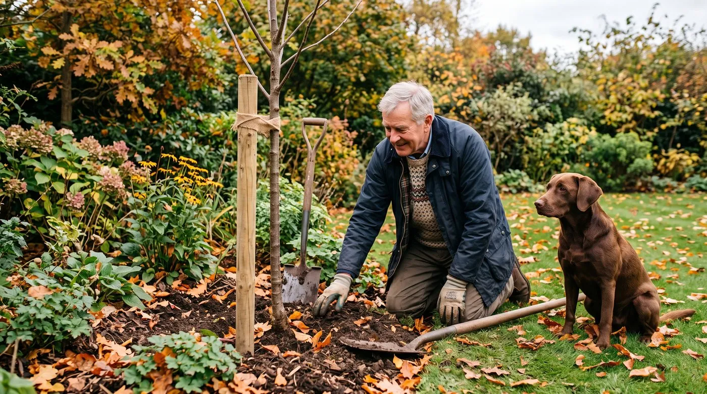 A person planting a young bare-root cherry tree in a UK garden in autumn with a dog watching nearby