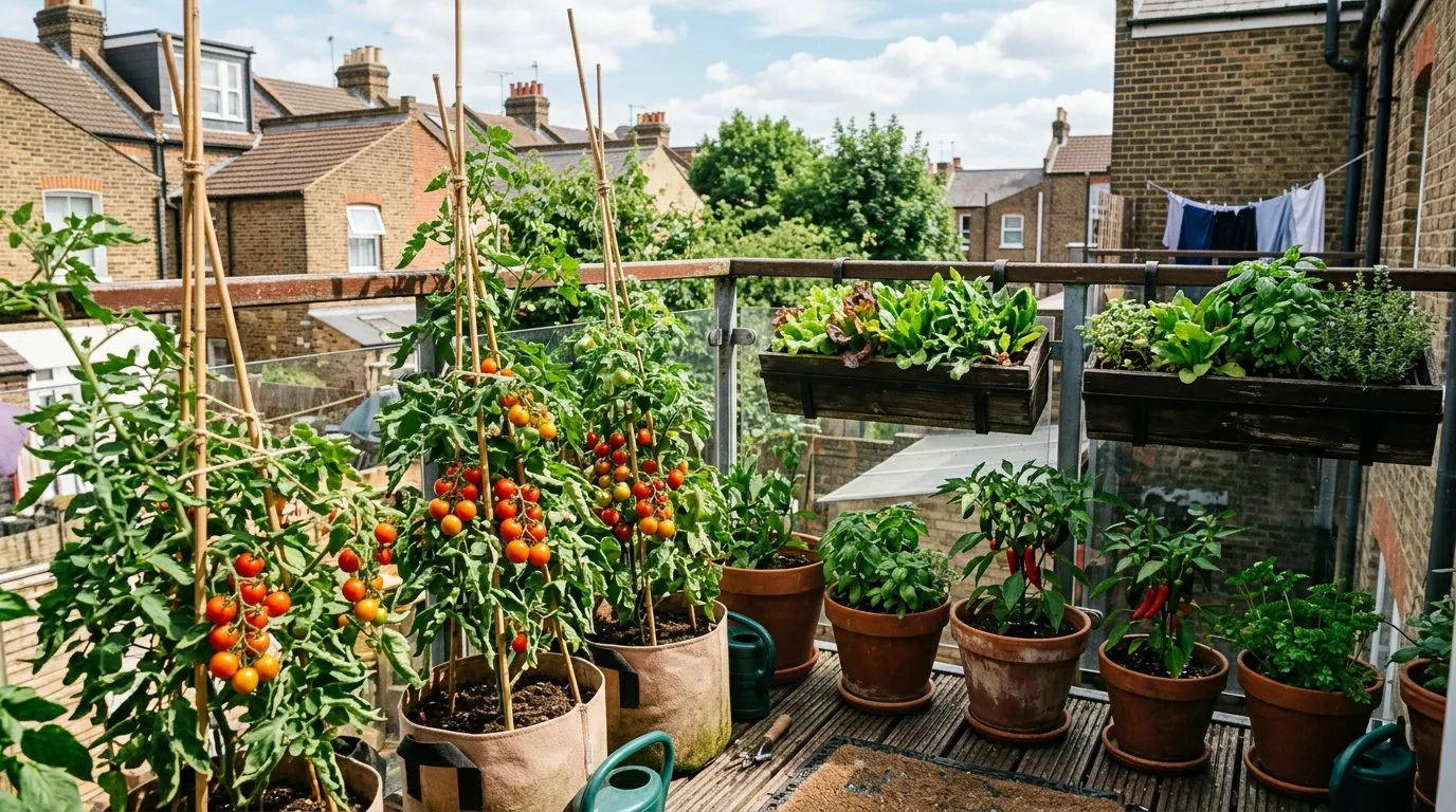 Balcony gardening container vegetables including cherry tomatoes, salad leaves, and chilli peppers on a small UK balcony