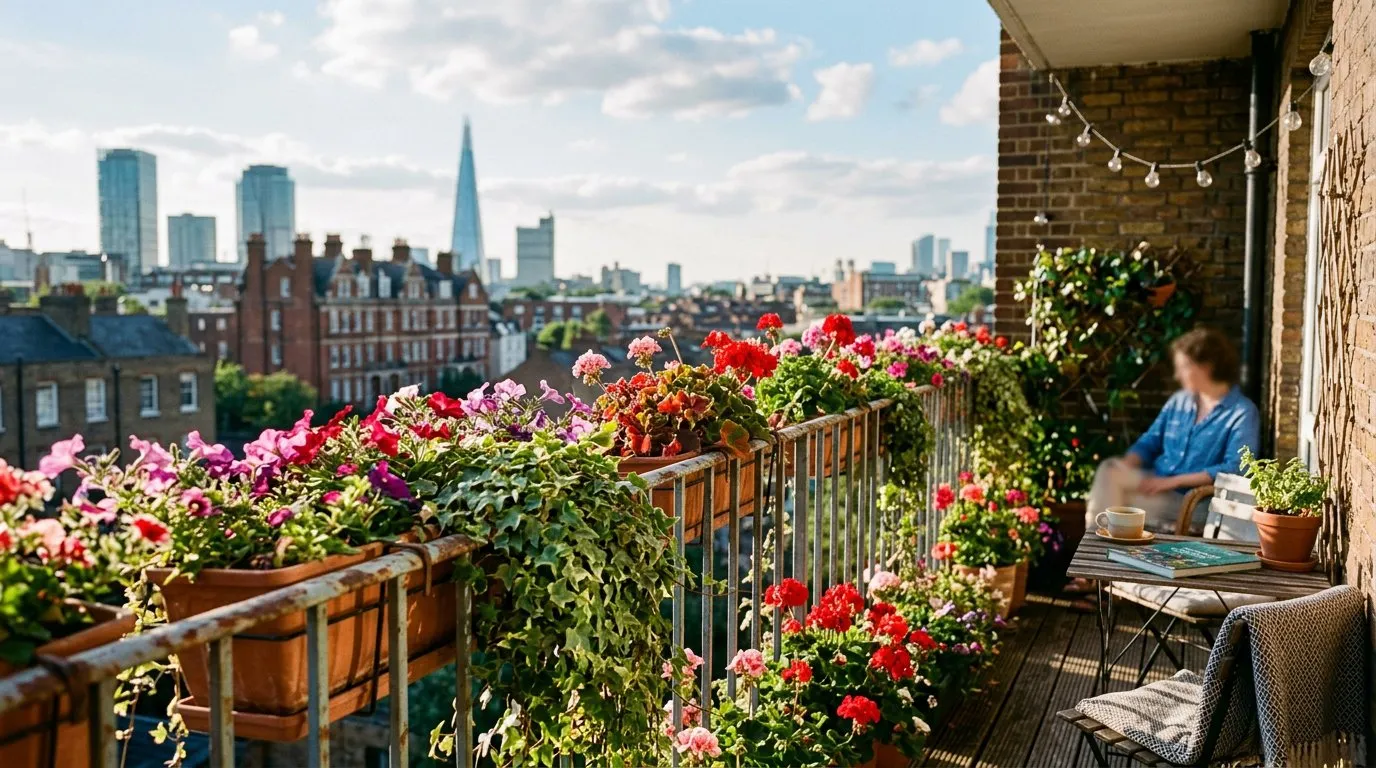 Balcony gardening railing planters overflowing with trailing petunias and geraniums on a UK apartment balcony