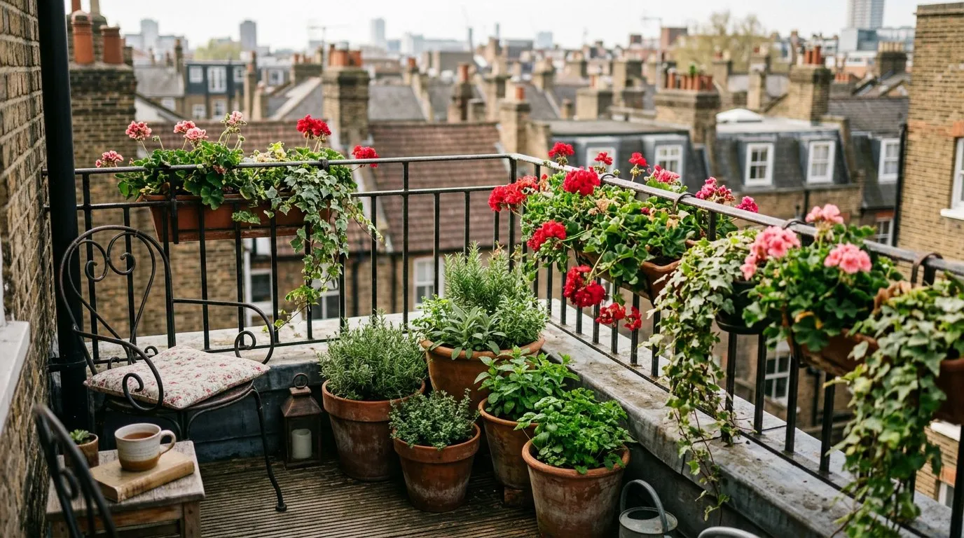 Small balcony garden in a UK city flat with terracotta pots of herbs and trailing geraniums