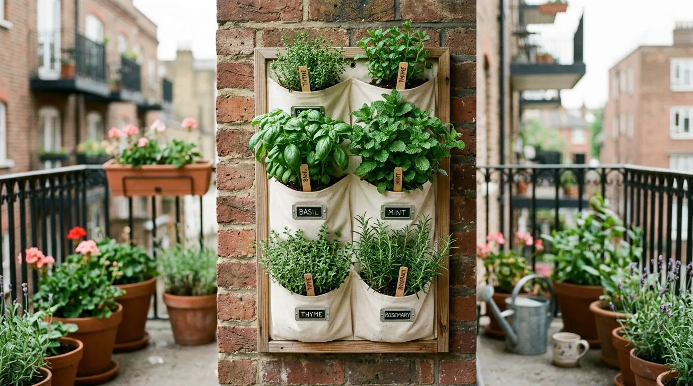 Vertical balcony gardening herb wall with basil, mint, thyme and rosemary in wall-mounted pockets