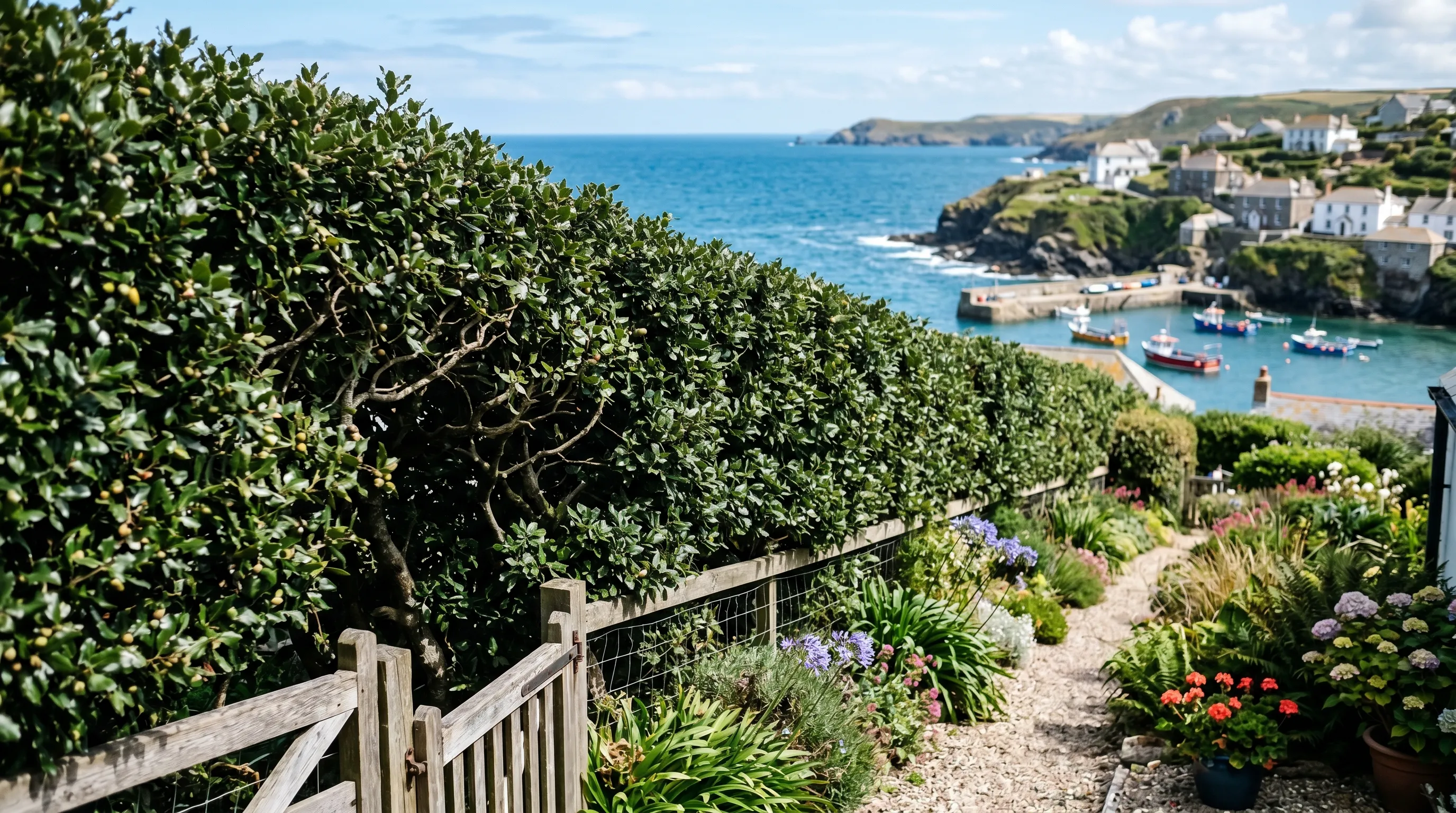 Dense evergreen oak Quercus ilex screen along the boundary of a Cornish fishing village garden