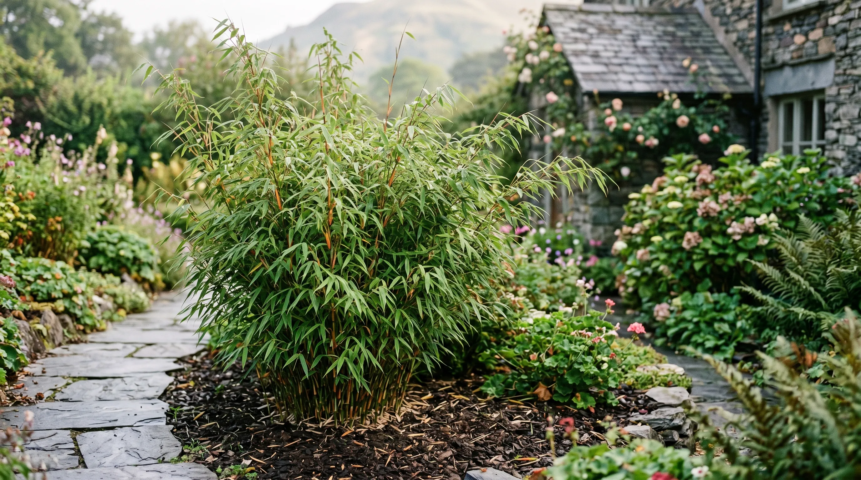 Dense clump of Fargesia rufa showing its tight non-spreading base in a Lake District cottage garden