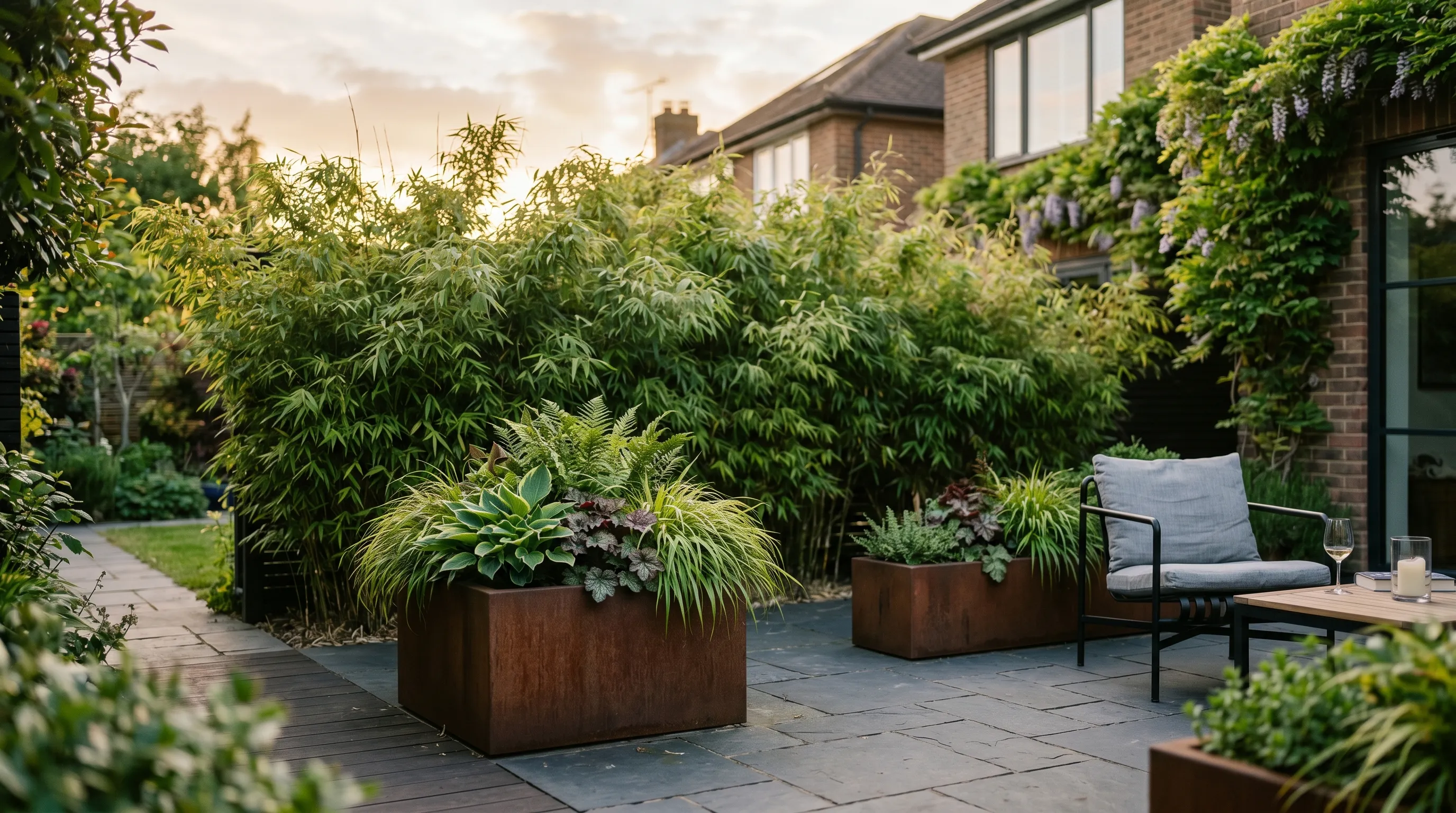 Fargesia rufa clumping bamboo screen behind a corten steel planter in a modern London garden