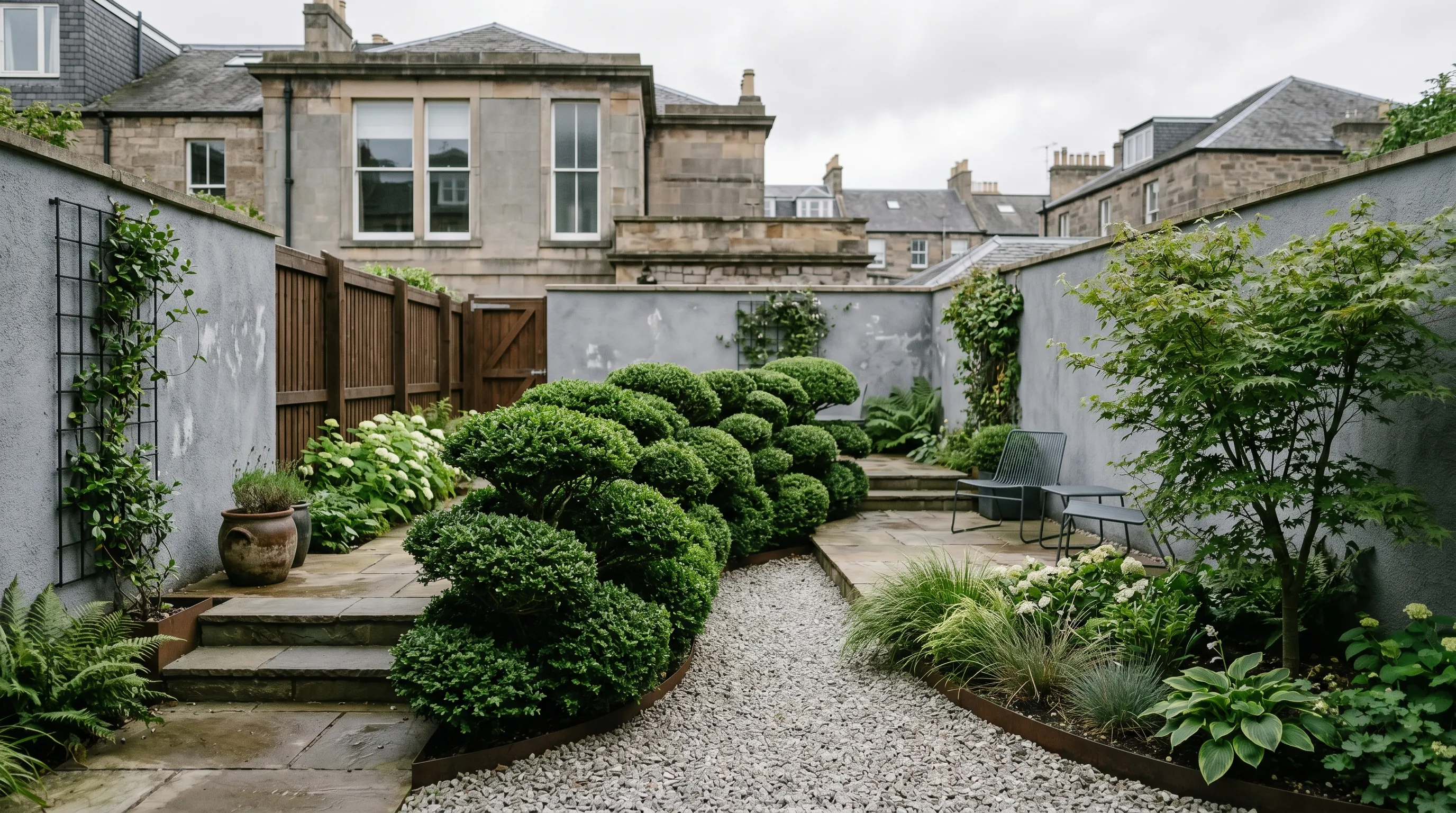 Cloud-pruned Japanese holly forming a low organic screen in a modern Edinburgh townhouse garden