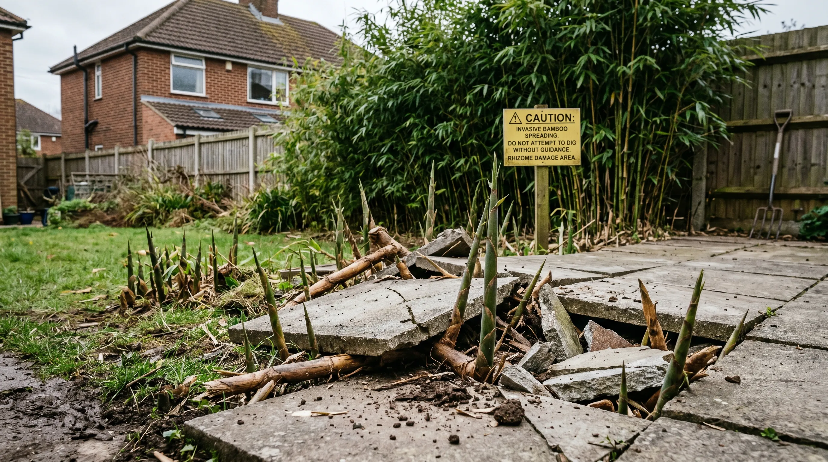 Invasive running Phyllostachys bamboo shoots emerging through cracked patio paving in a UK suburban garden