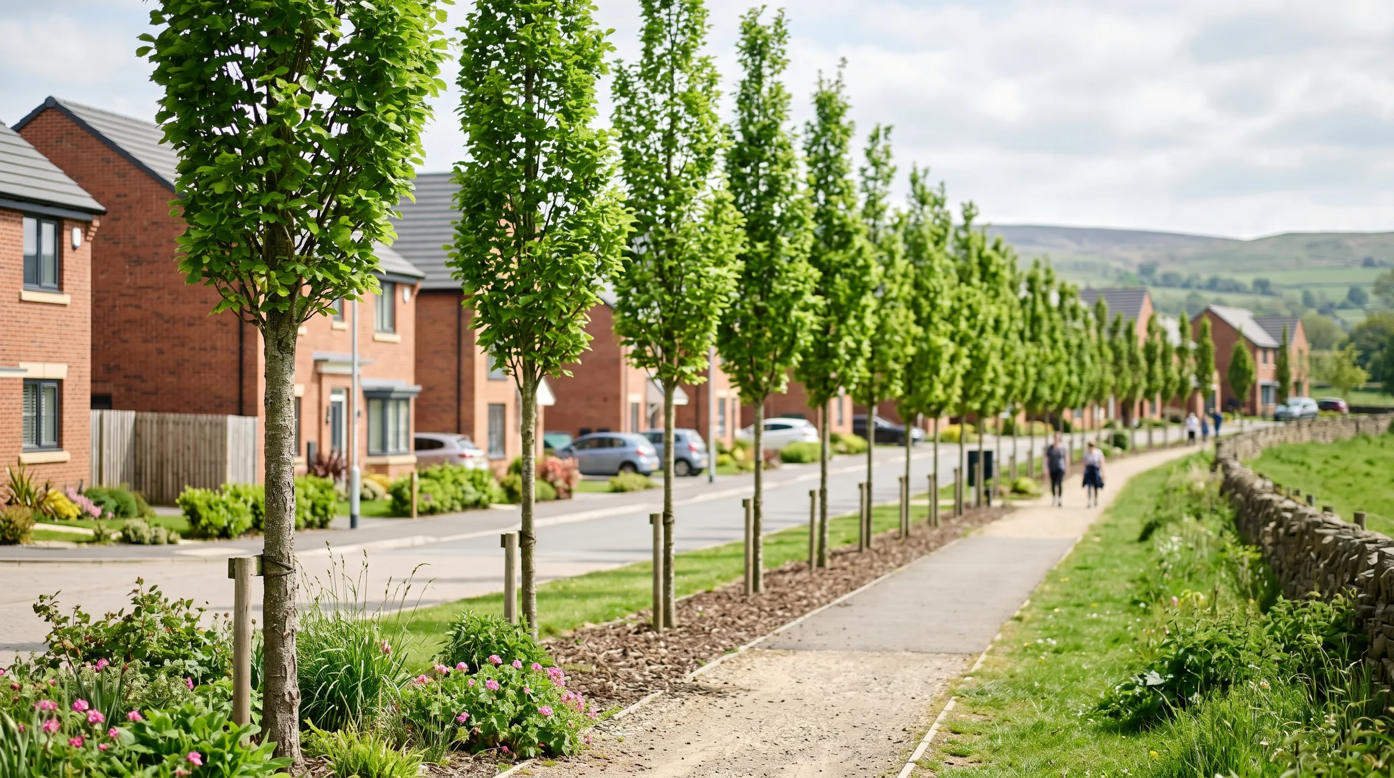 Row of fastigiate Italian alder trees forming a tall narrow screen along a new-build housing estate boundary in Yorkshire