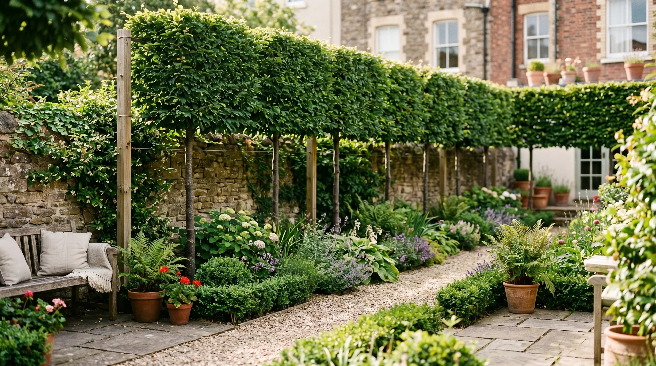 Pleached hornbeam screen with clear stems and box-shaped foliage canopy in a Bristol city courtyard garden