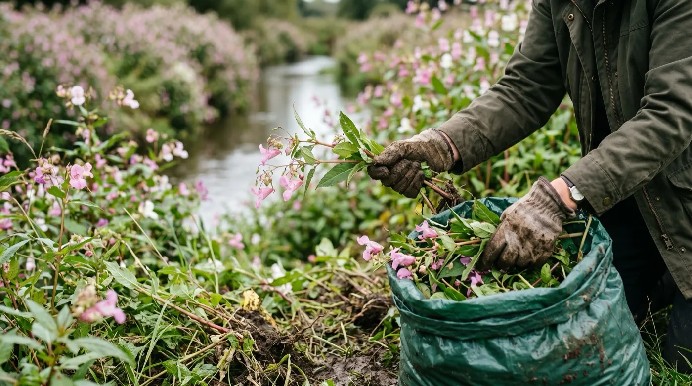 Gardener in gloves bagging pulled Himalayan balsam on a UK riverbank, with pink balsam flowers in the background