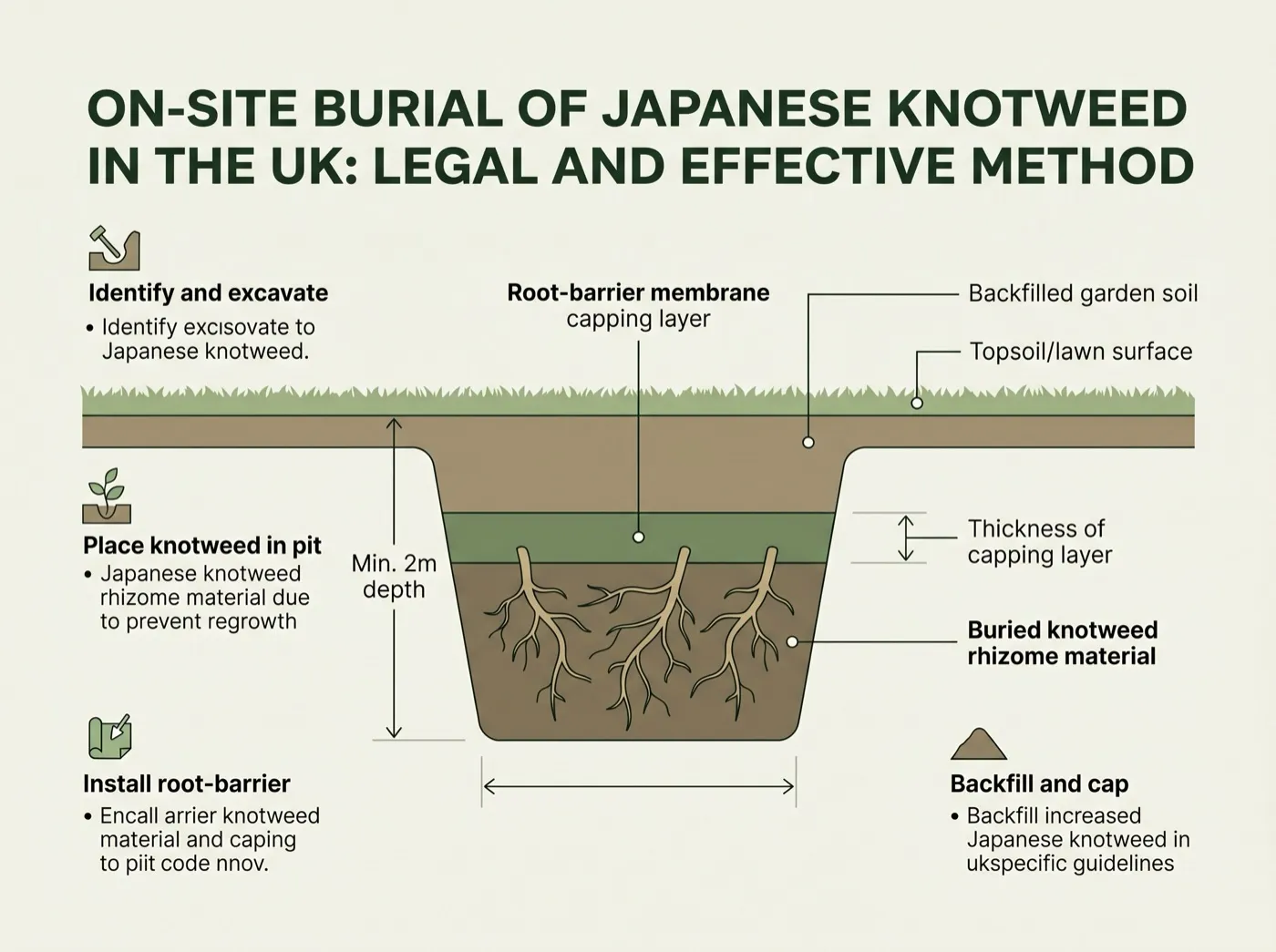Cross-section diagram showing legal on-site burial of Japanese knotweed under a root-barrier membrane in a UK garden