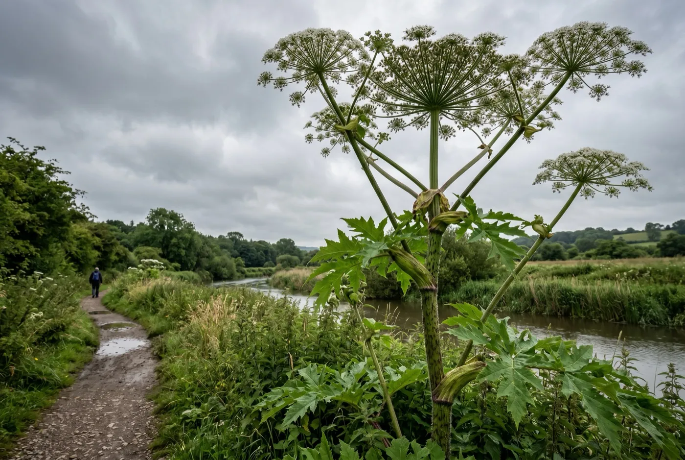 Tall flowering giant hogweed towering above a person, with white umbrella-shaped flower heads against a grey sky