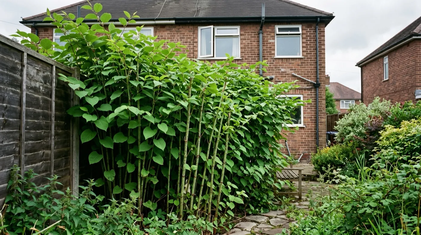 Dense Japanese knotweed stand with bamboo-like canes, one of the most controlled banned plants in UK gardens