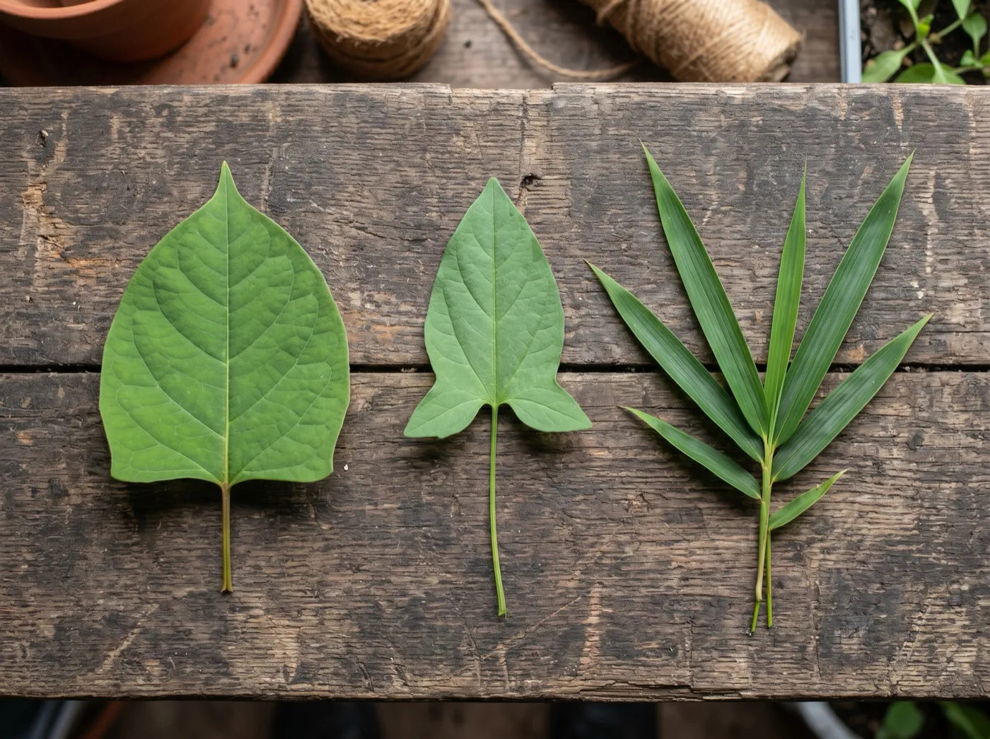 Comparison of Japanese knotweed leaves beside common look-alike bindweed and bamboo foliage on a workbench