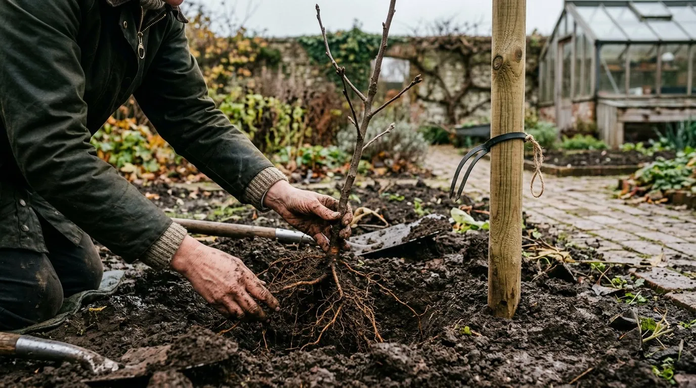 Bare-root apple tree with bare spreading roots laid out beside a freshly dug planting hole in winter soil