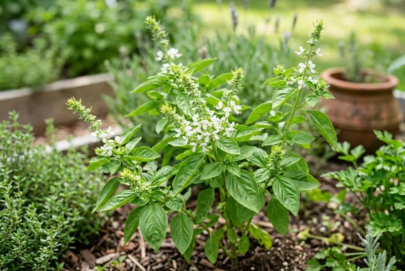Basil (Ocimum basilicum) growing in a UK garden