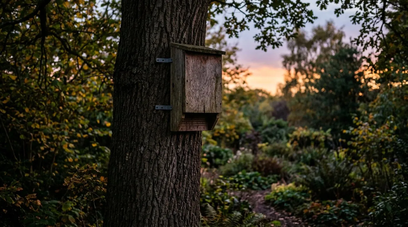 Bat-friendly garden bat box mounted on an oak tree trunk at dusk in a UK garden