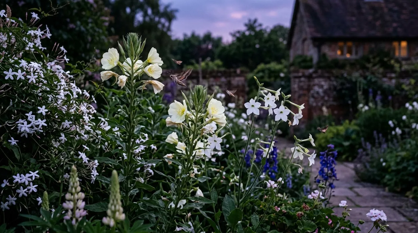Bat-friendly garden night-scented flowers including evening primrose and nicotiana at twilight