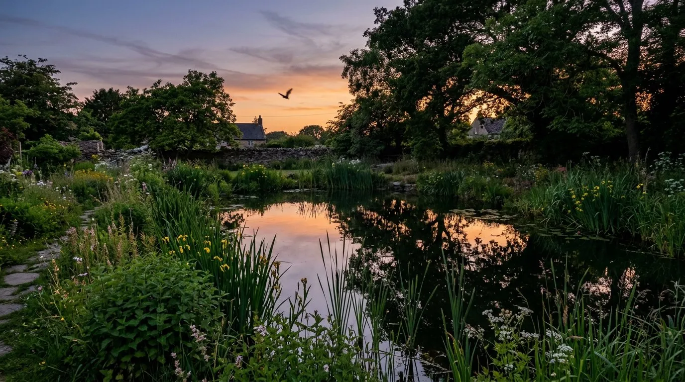 Bat-friendly garden wildlife pond at dusk with marginal plants and overhanging trees