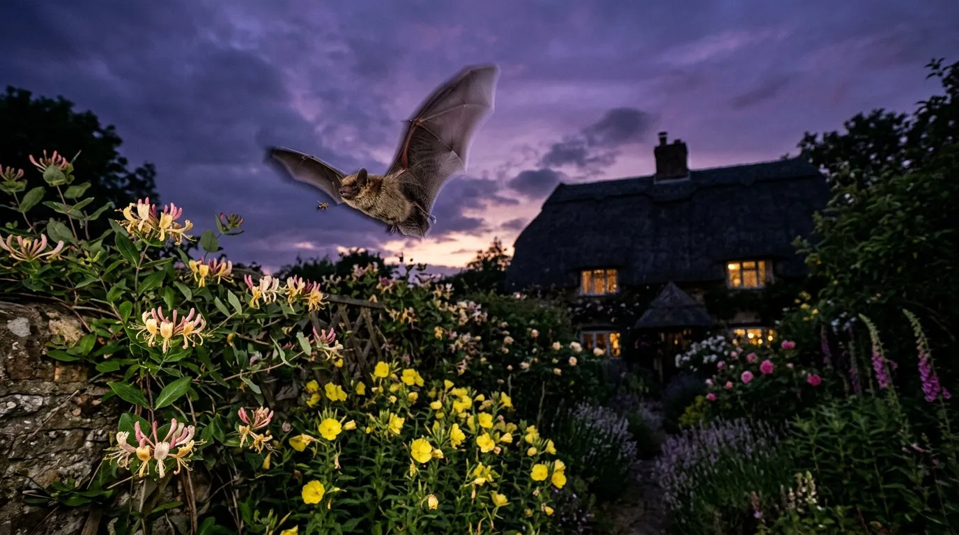 Common pipistrelle bat flying at dusk over a cottage garden with honeysuckle and evening primrose in flower