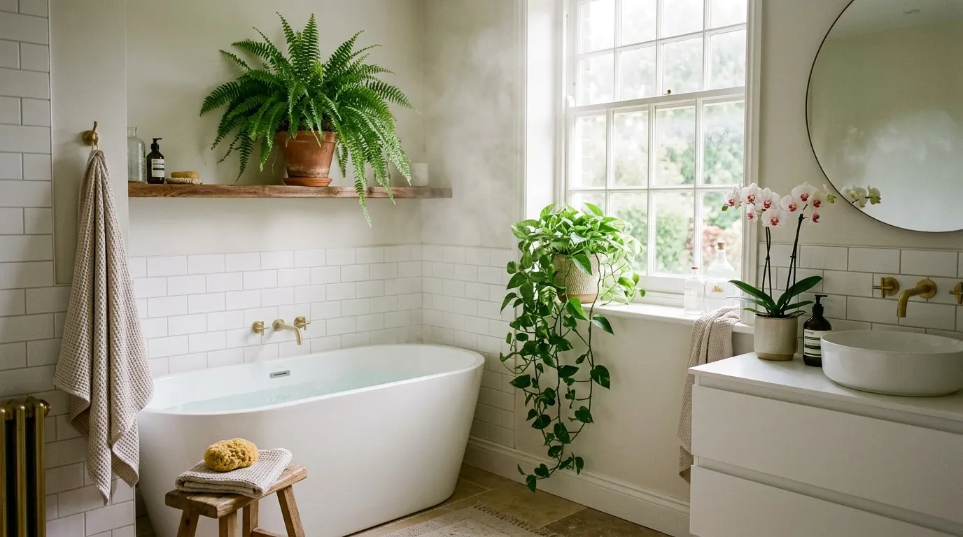 Lush green houseplants in a modern white UK bathroom with Boston fern and trailing pothos