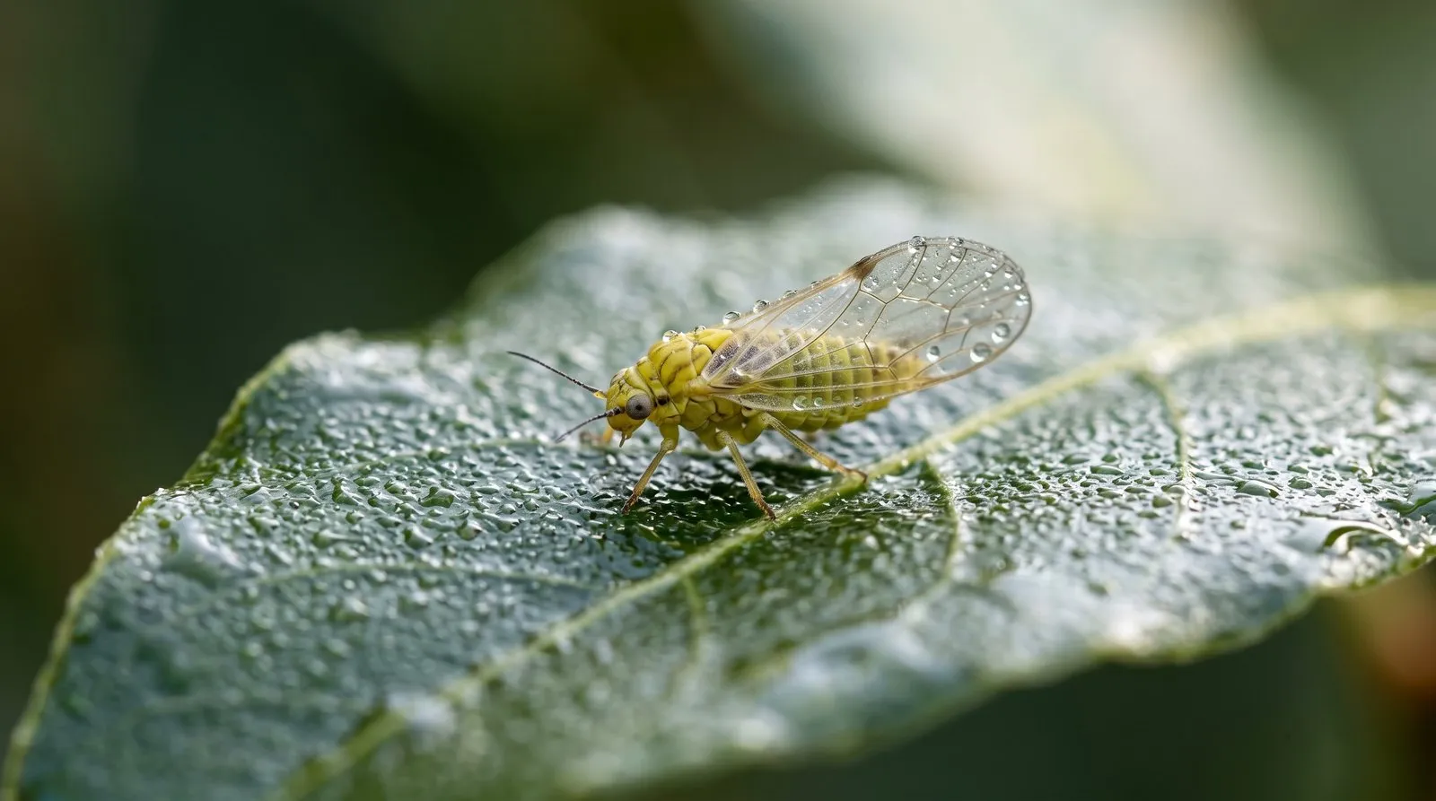 Extreme close-up of a single yellowish-green adult bay sucker psyllid on a bay leaf, wings held roof-like over its body