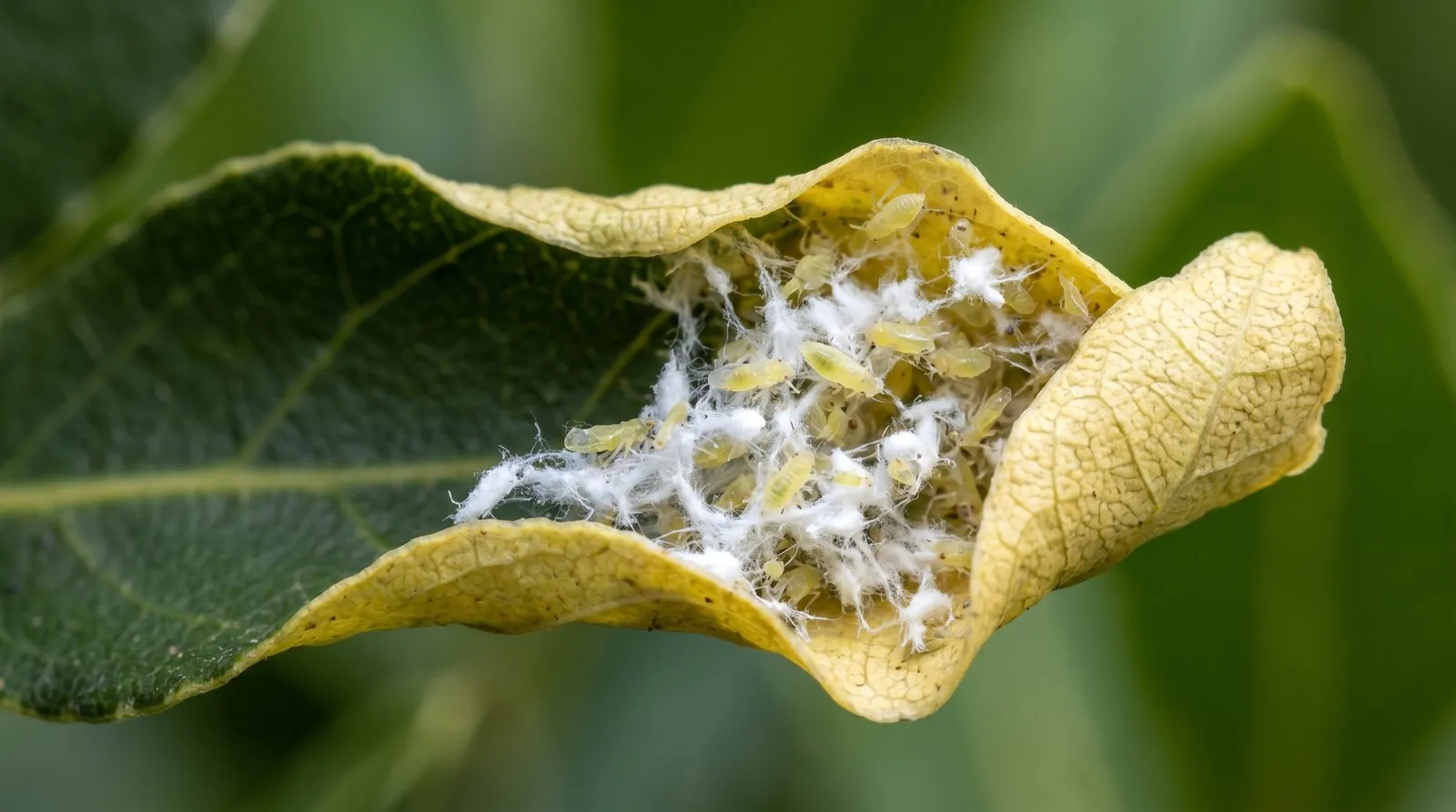 Macro close-up of a curled bay leaf margin folded back to reveal yellow-green bay sucker nymphs covered in white waxy fluff