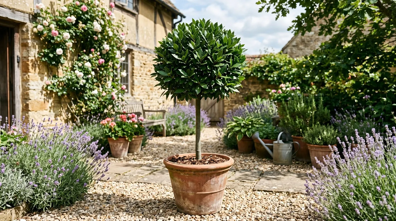 A healthy, glossy clipped bay standard in a terracotta pot in a bright, breezy cottage courtyard, with clean undamaged foliage