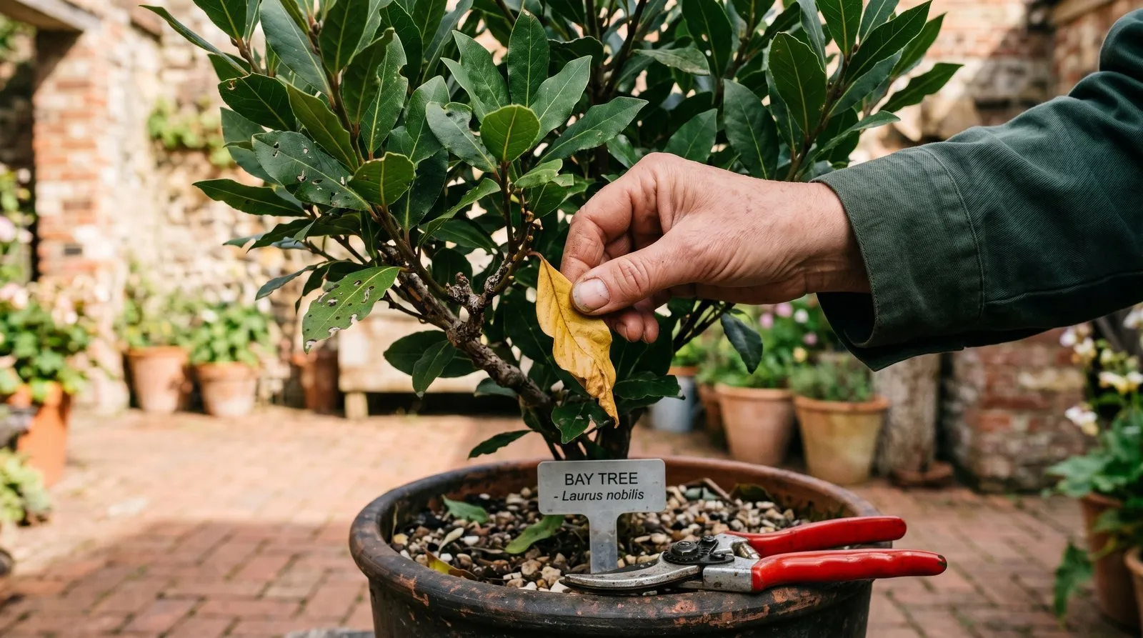 A gardener's hand picking a single curled, bay-sucker-damaged leaf from a potted bay tree on a brick courtyard