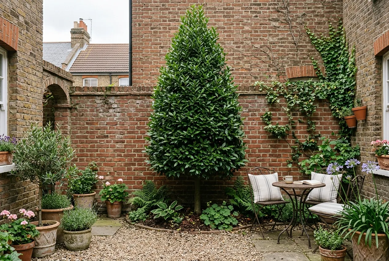 Mature bay tree growing in a sheltered courtyard garden