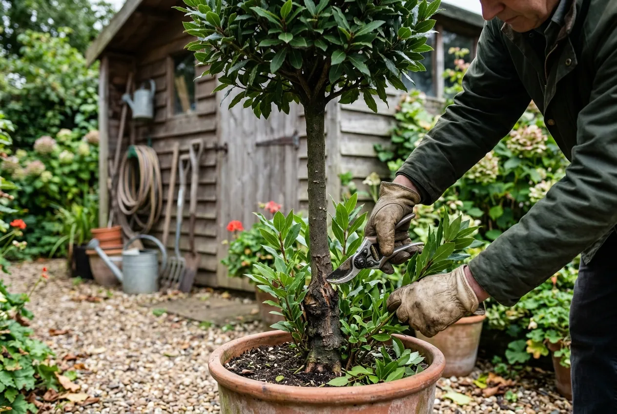 Secateurs pruning sucker shoots from the base of a bay tree
