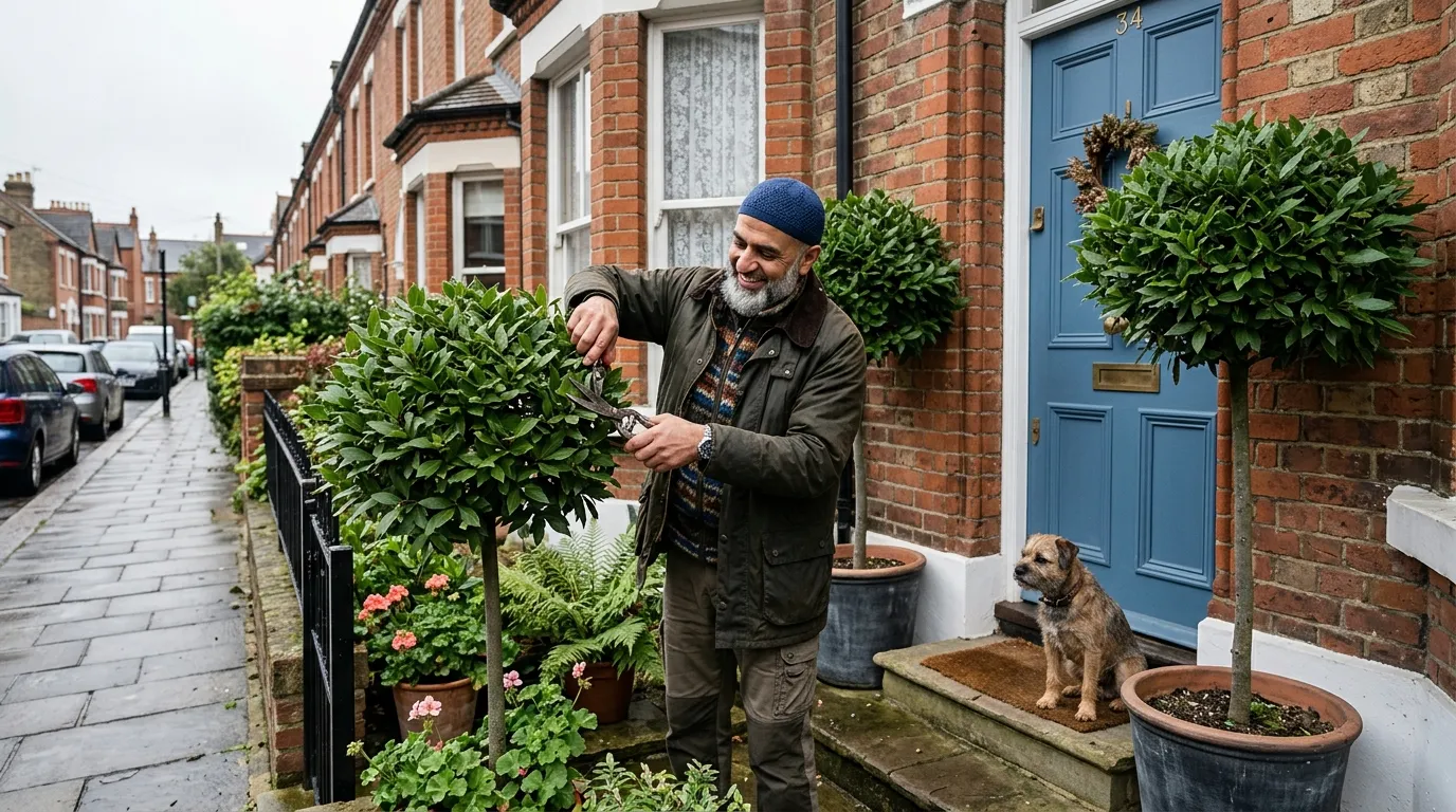 Grow bay trees UK showing clipped standard bay in pot by front door