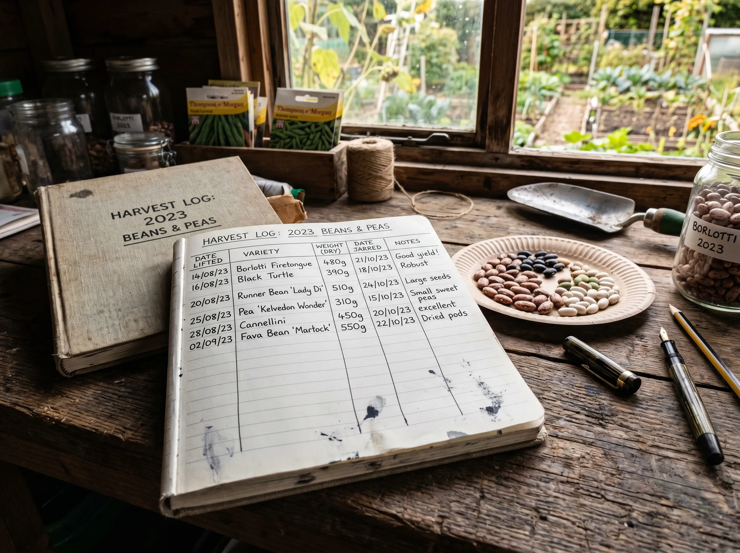 UK gardener's harvest log on a wooden allotment shed bench showing a year's record of bean and pea drying yields - varieties, weights, dates lifted, dates jarred, total weight harvested 5.4kg