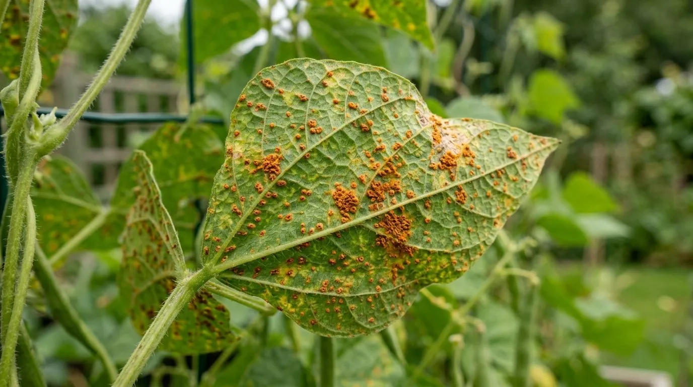Close-up showing bean rust identification treatment on UK garden plant for identification