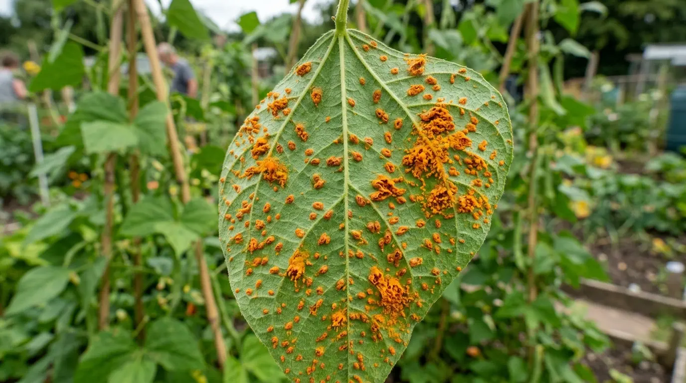 Bean rust orange-brown pustules on the underside of runner bean leaves in a UK vegetable garden
