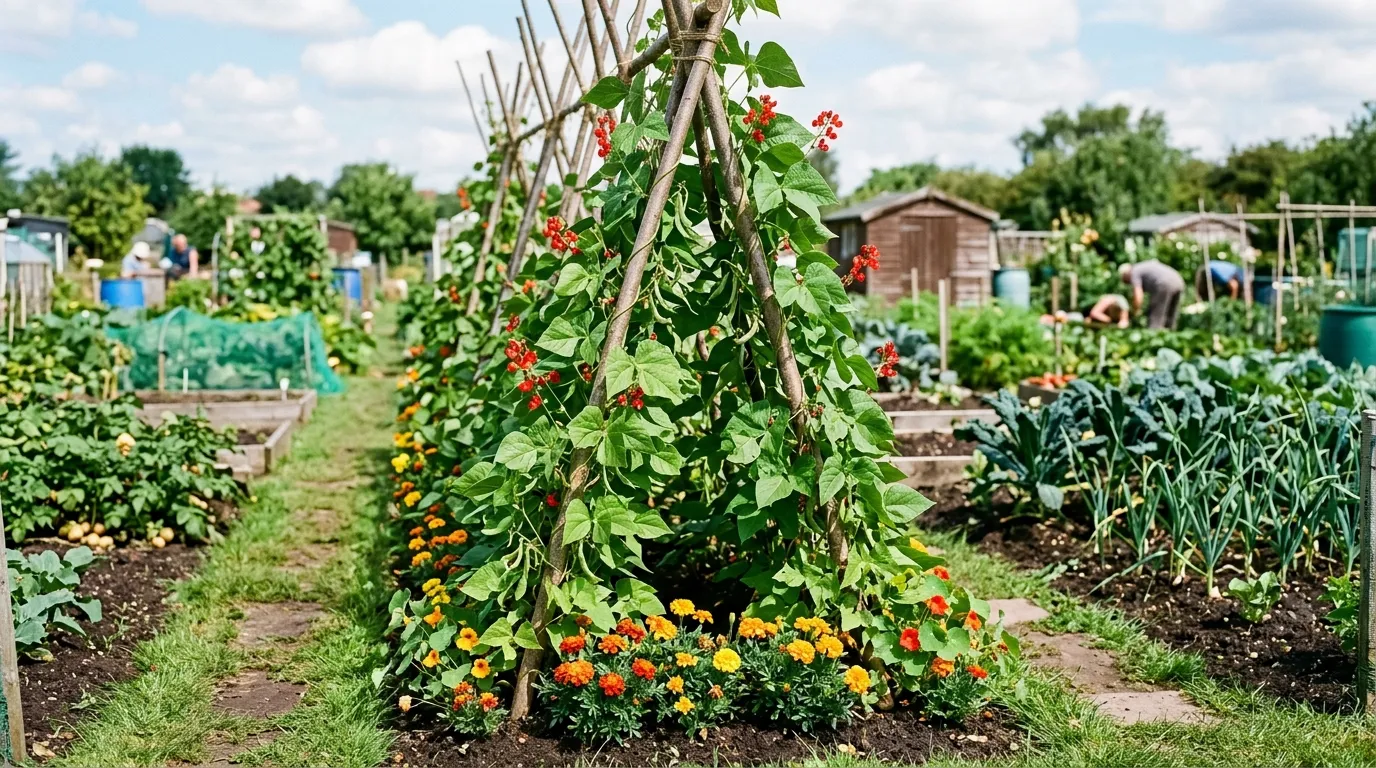 Bean plants spaced for airflow to prevent rust in a UK garden