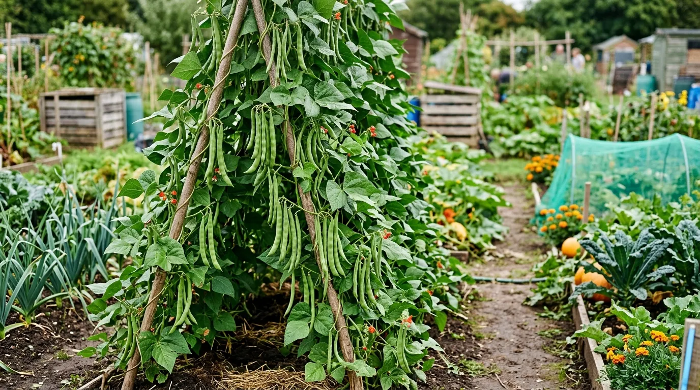 Rust-resistant bean varieties growing in a UK allotment