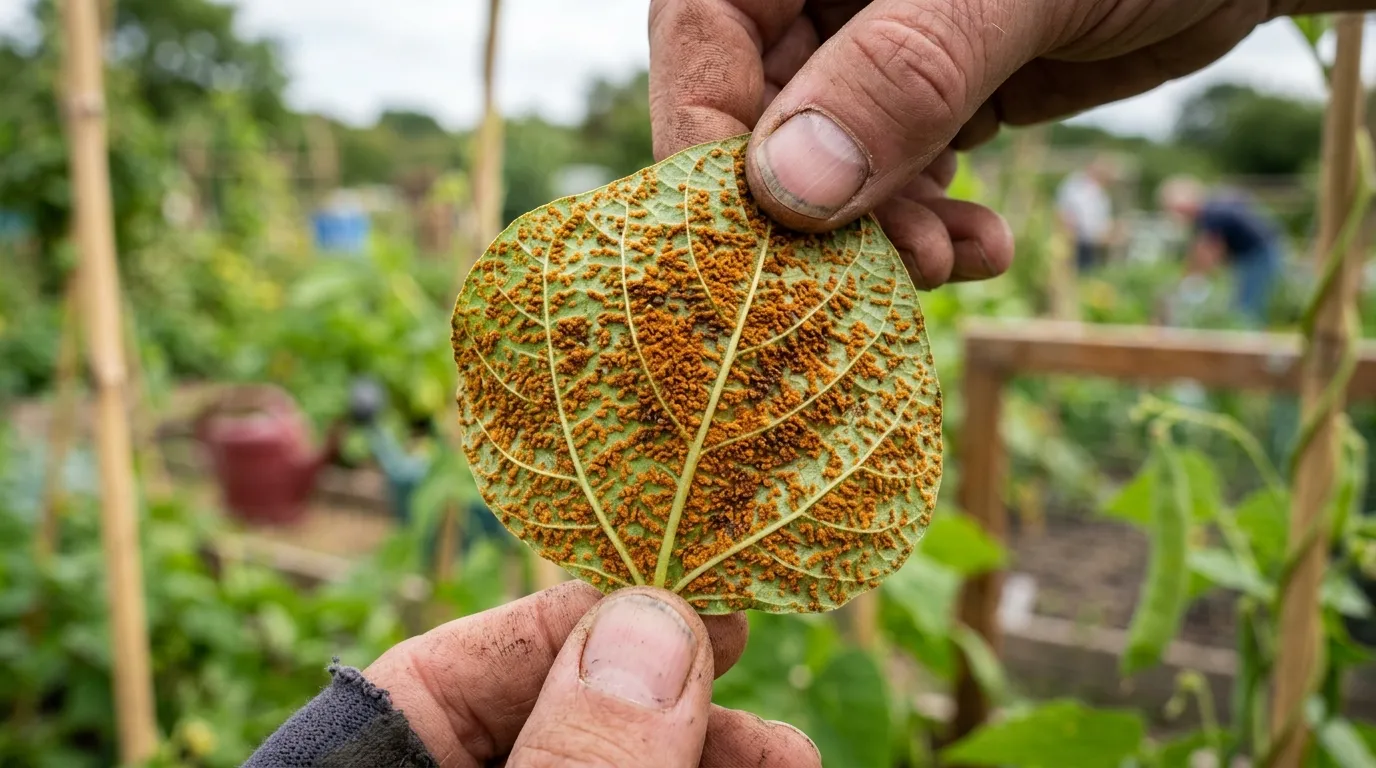 Bean rust pustules on the underside of a runner bean leaf