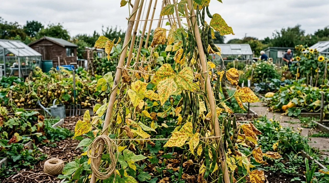 Severe bean rust infection reducing harvest in a UK allotment