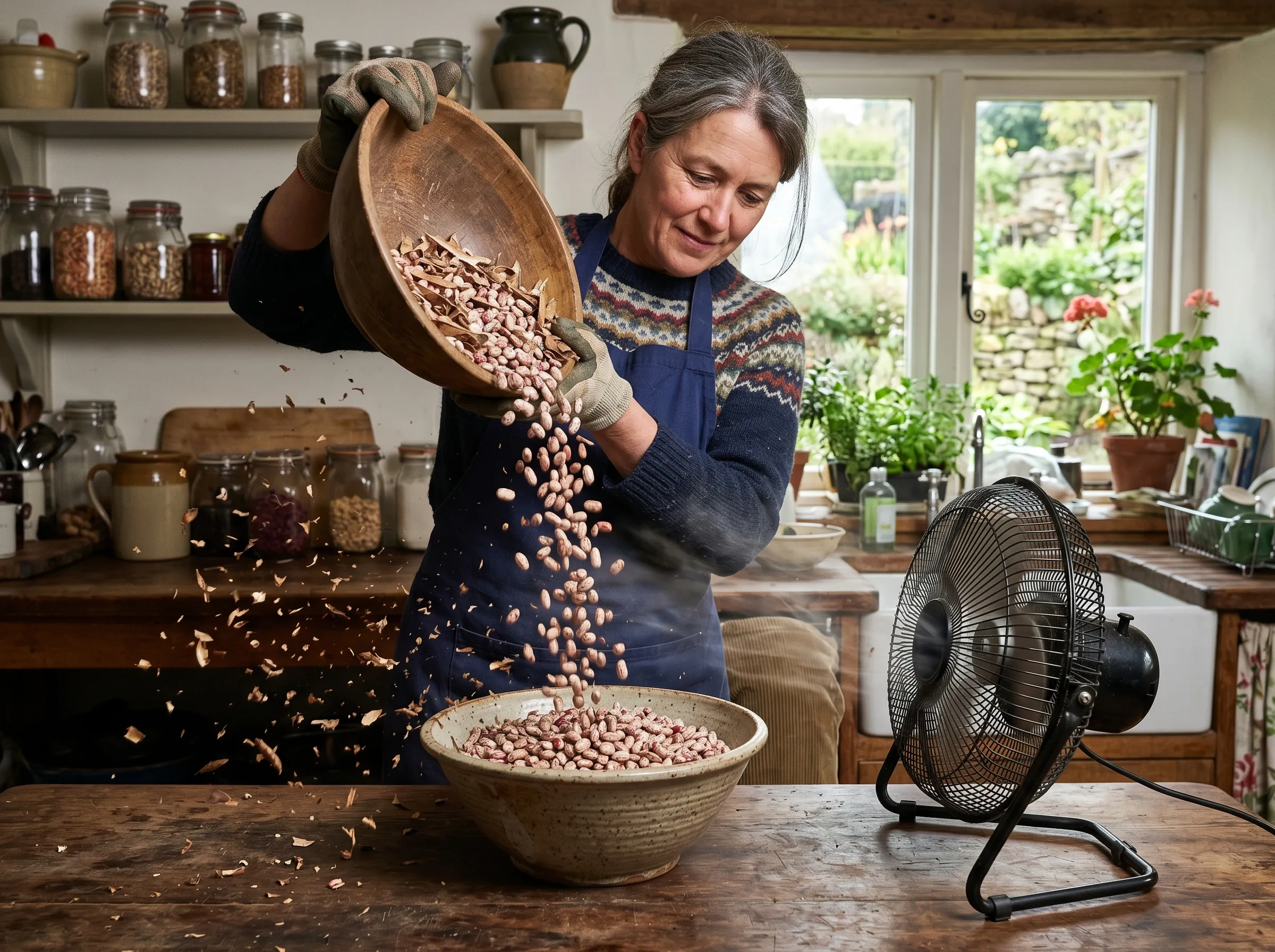 UK kitchen scene of dried borlotti beans being winnowed - a gardener pouring threshed beans slowly from one bowl to another in front of a small fan, the pod fragments blowing aside while the heavy cream-and-red beans fall straight down into the lower bowl