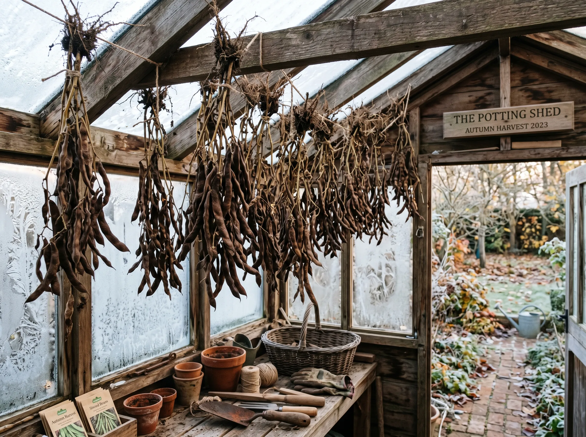 UK allotment after October frost with whole bean plants pulled up by the roots and hanging upside down from greenhouse roof beams to finish drying, brown pods visible drooping in clusters
