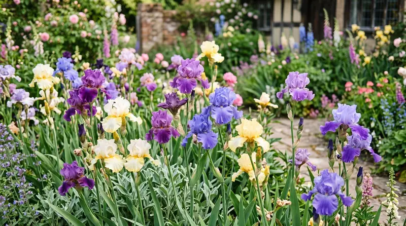 A sunlit UK border of bearded iris in full flower in shades of purple, blue and yellow