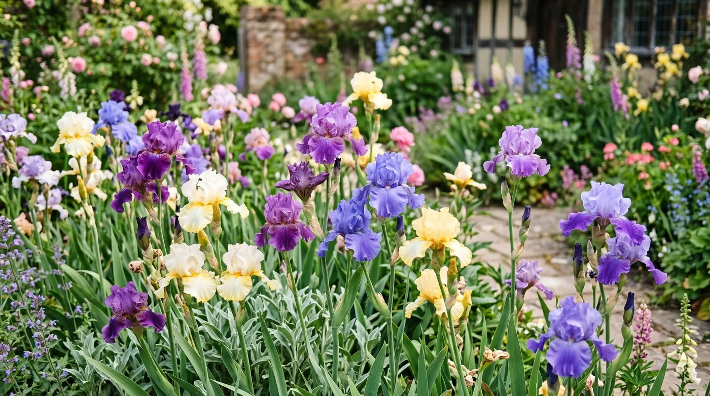 A sunlit UK border of bearded iris in full flower in shades of purple, blue and yellow