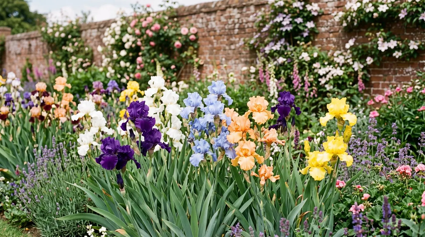 A UK cottage border with bearded iris in a range of colours from blue and purple to yellow and white